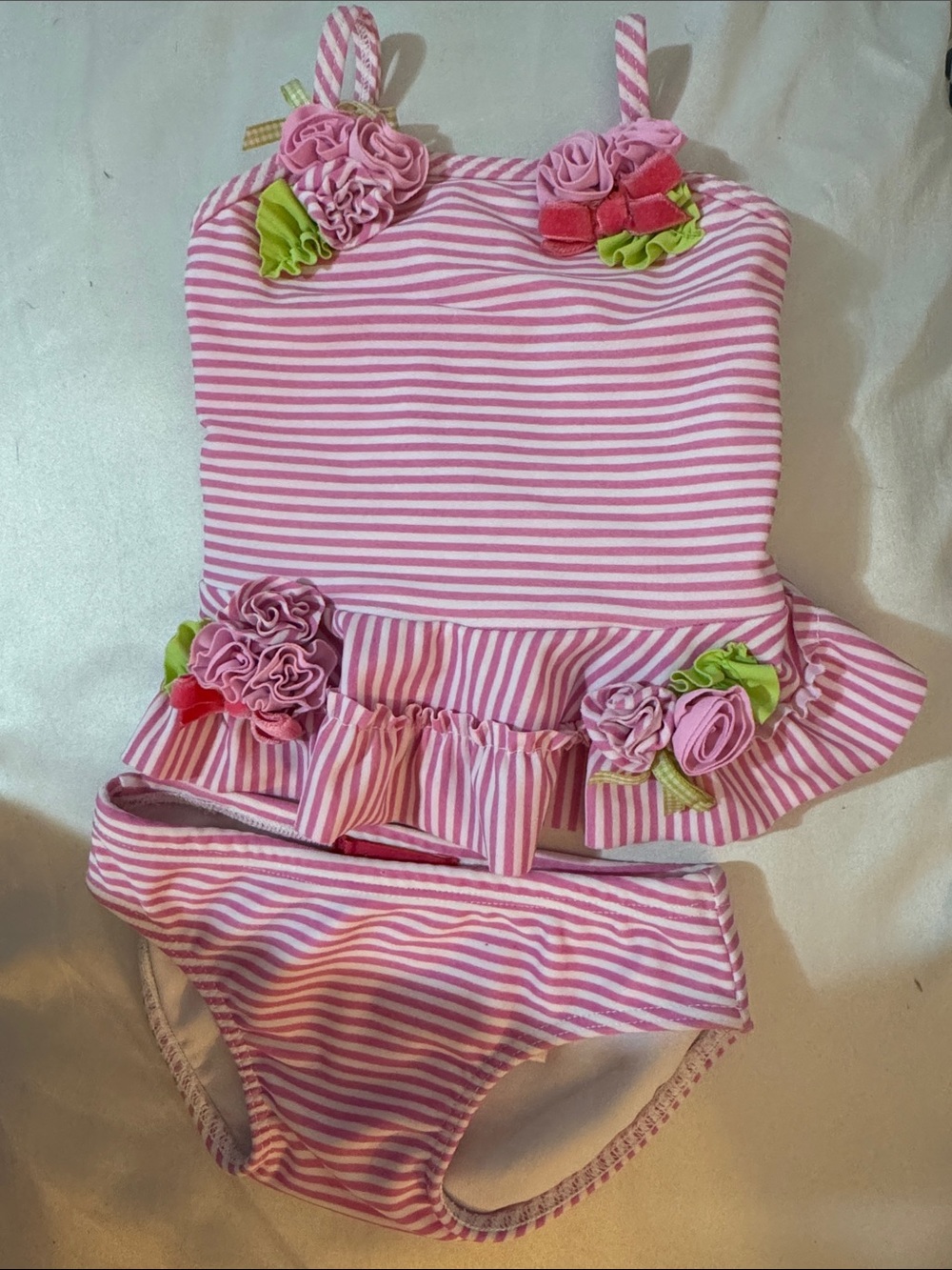 Kate Mack Pink and White Striped Ruffle Tankini with Floral Appliques